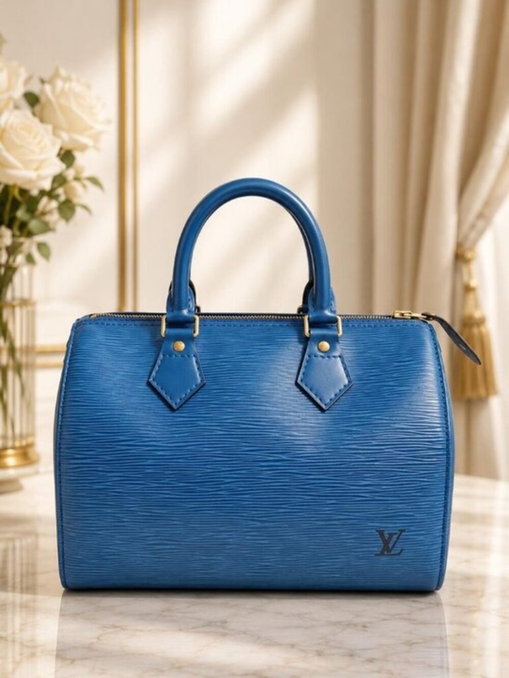 Authentic Louis Vuitton Speedy 25 Blue Epi Leather Handbag Satchel Bag